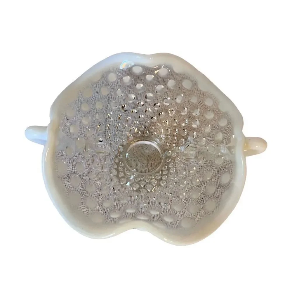 Vintage FENTON Art Glass Handles French Moonstone Opalescent Hobnail CANDY DISH